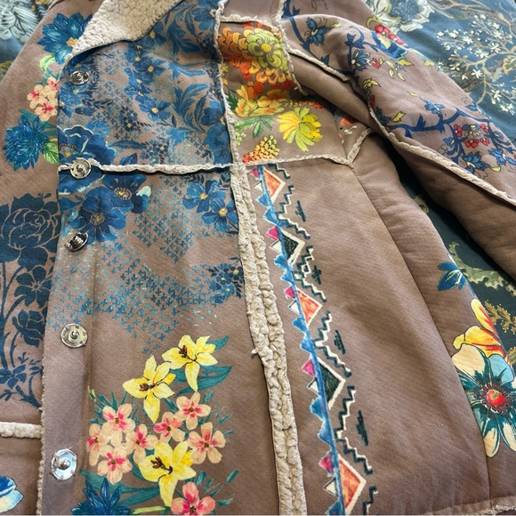 Johnny Was Sherpa Coat Faux Suede Steppe Floral Size Small Boho Hippie Pockets - Picture 9 of 13